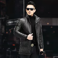 Men's long down jacket, genuine leather outer, thickened insulation, plus sizes (black)