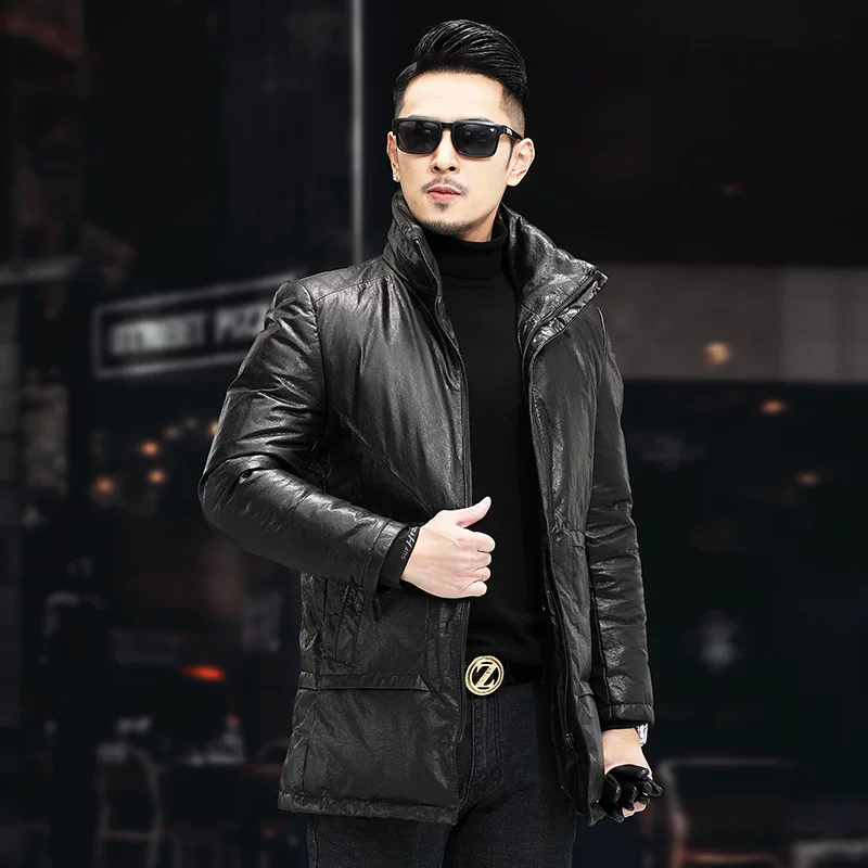 Men's long down jacket, genuine leather outer, thickened insulation, plus sizes (black)