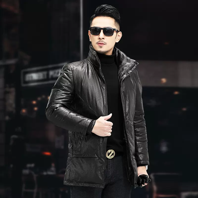 真皮羽绒服男中长款油蜡牛皮皮衣秋冬季大码加厚中年夹克立领外套