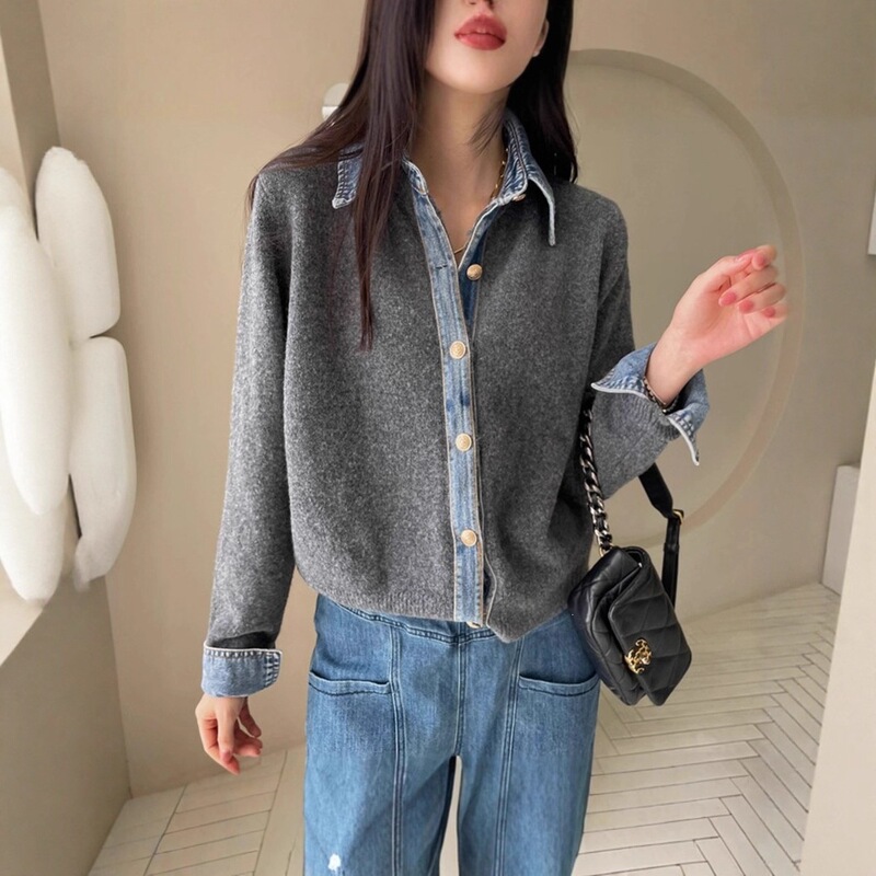 Women's Autumn Knit Cardigan, Korean Chic Style, High-End Feel, Lazy Fashion, Denim Patchwork, Slim-Fit Open-Front Top Women's Autumn Knit Cardigan, Korean Chic Style, High-End Feel, Lazy Fashion, Denim Patchwork, Slim-Fit Open-Front Top