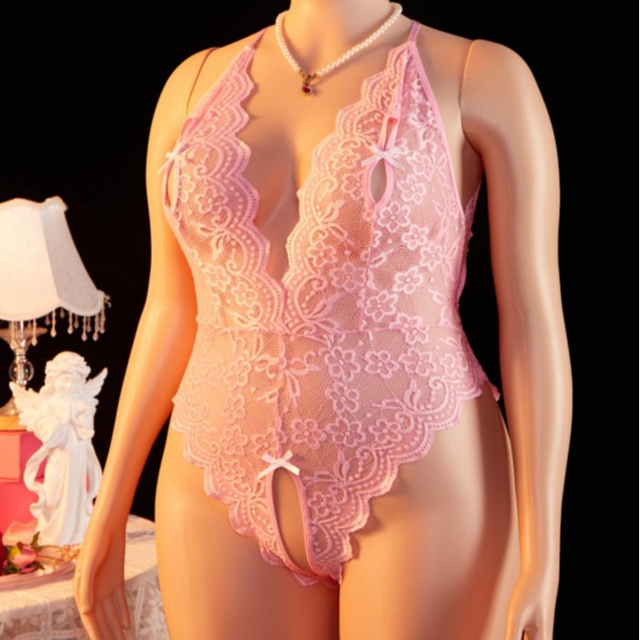 유럽과 미국의 플러스 사이즈 란제리 레이스 Excretive Bow Pajamas Sexy Backless Open File Temptation-Free Jetsuit