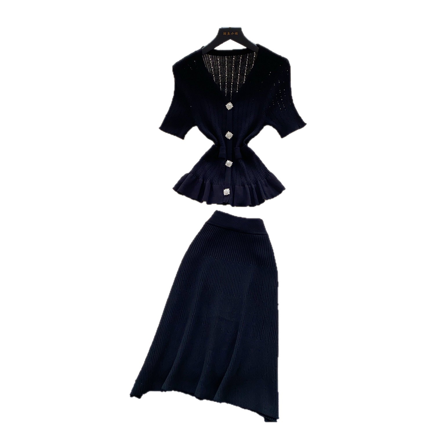Women's French Style Pink Knit Two Piece Set V Neck Fitted Waist Ruffled Hem Summer Fashionable Elegant Suit_ecoleips.com