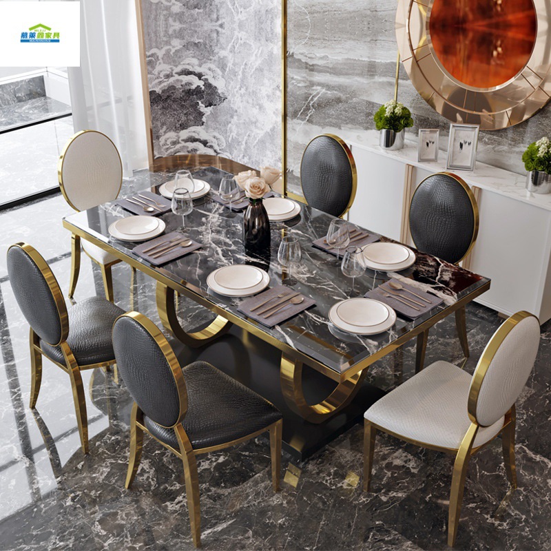 Modern Simple Marble Dining Table and Chair Combination Set for Home Rectangular Back Light Luxury Small Apartment Hotel Dining Table