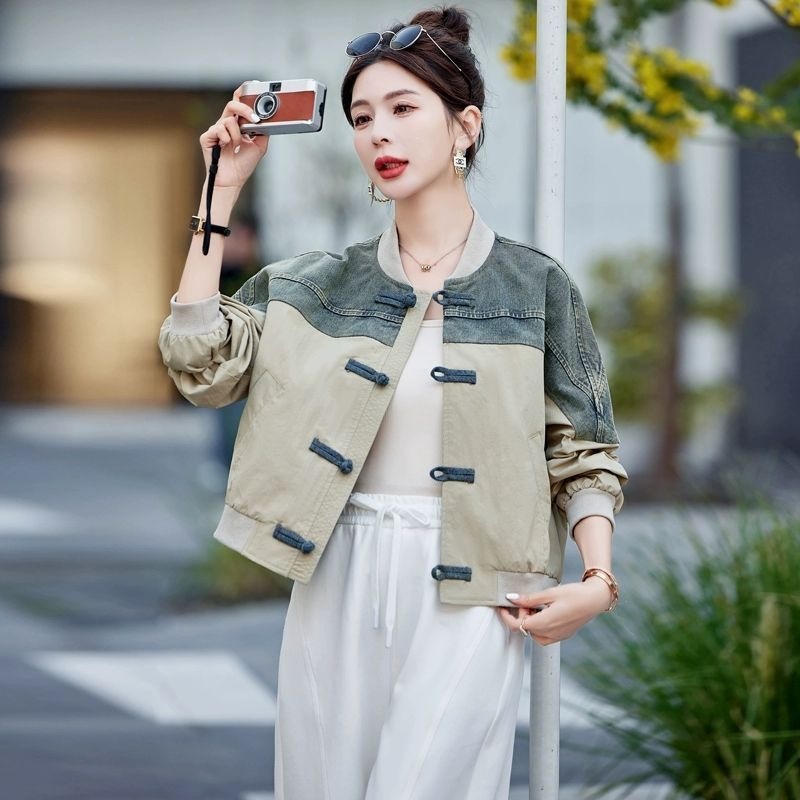 Women's Chinese Style Short Jacket with Folded Buttons, 2026 Early Spring New Denim Patchwork Baseball Jacket, Casual Top