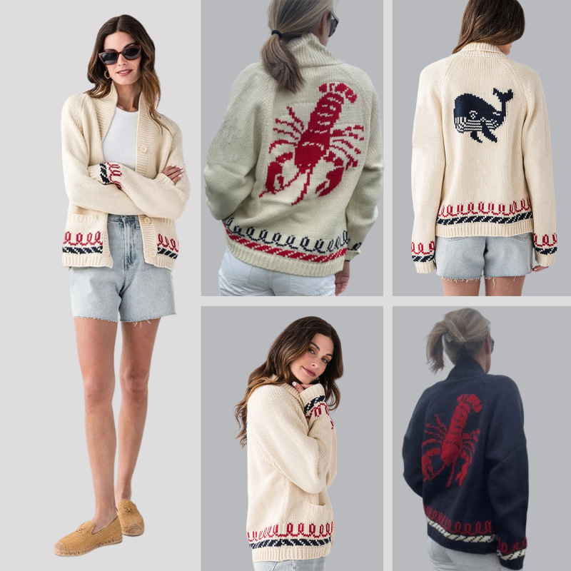 2025 European and American Cross-Border New Casual Work Clothing Single-Breasted Long-Sleeved Printed Knitted Cardigan Sweater Jacket for Women