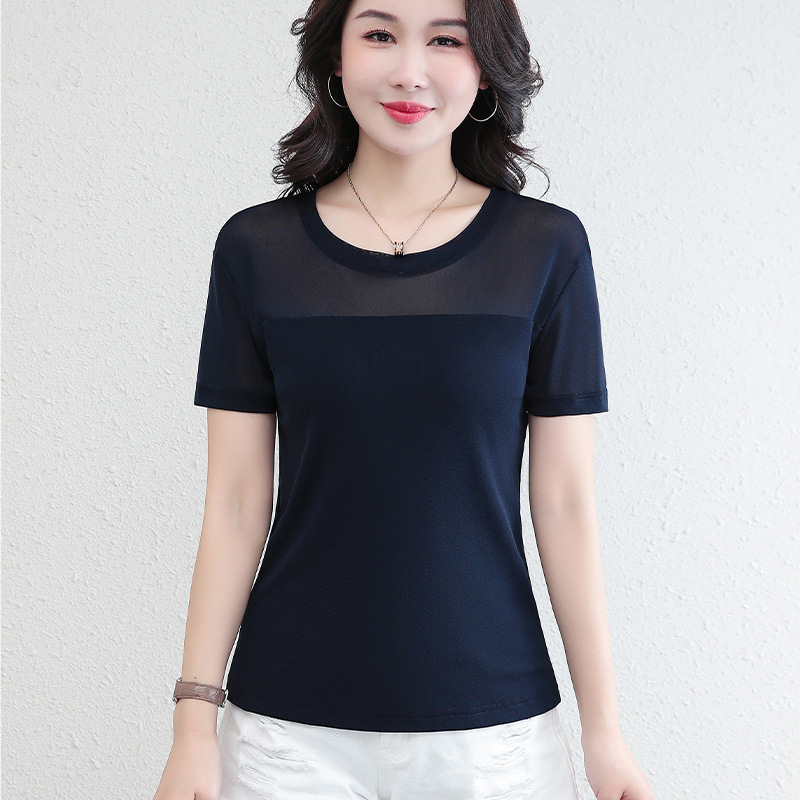 Mesh Base Shirt for Women, Short-Sleeve T-Shirt, 2026 New Summer Black Mom-Style Slim-Fit Lace Top Mesh Base Shirt for Women, Short-Sleeve T-Shirt, 2026 New Summer Black Mom-Style Slim-Fit Lace Top