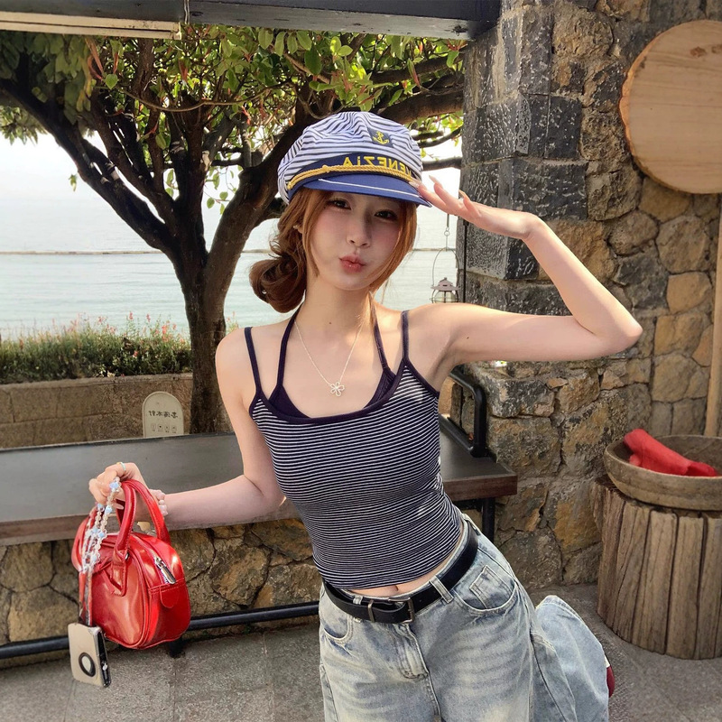 Trendy Versatile Two-Piece Striped Camisole with Built-In Bra, Casual Dopamine Sexy Fashion Halter Neck Beautiful Back Top for Women