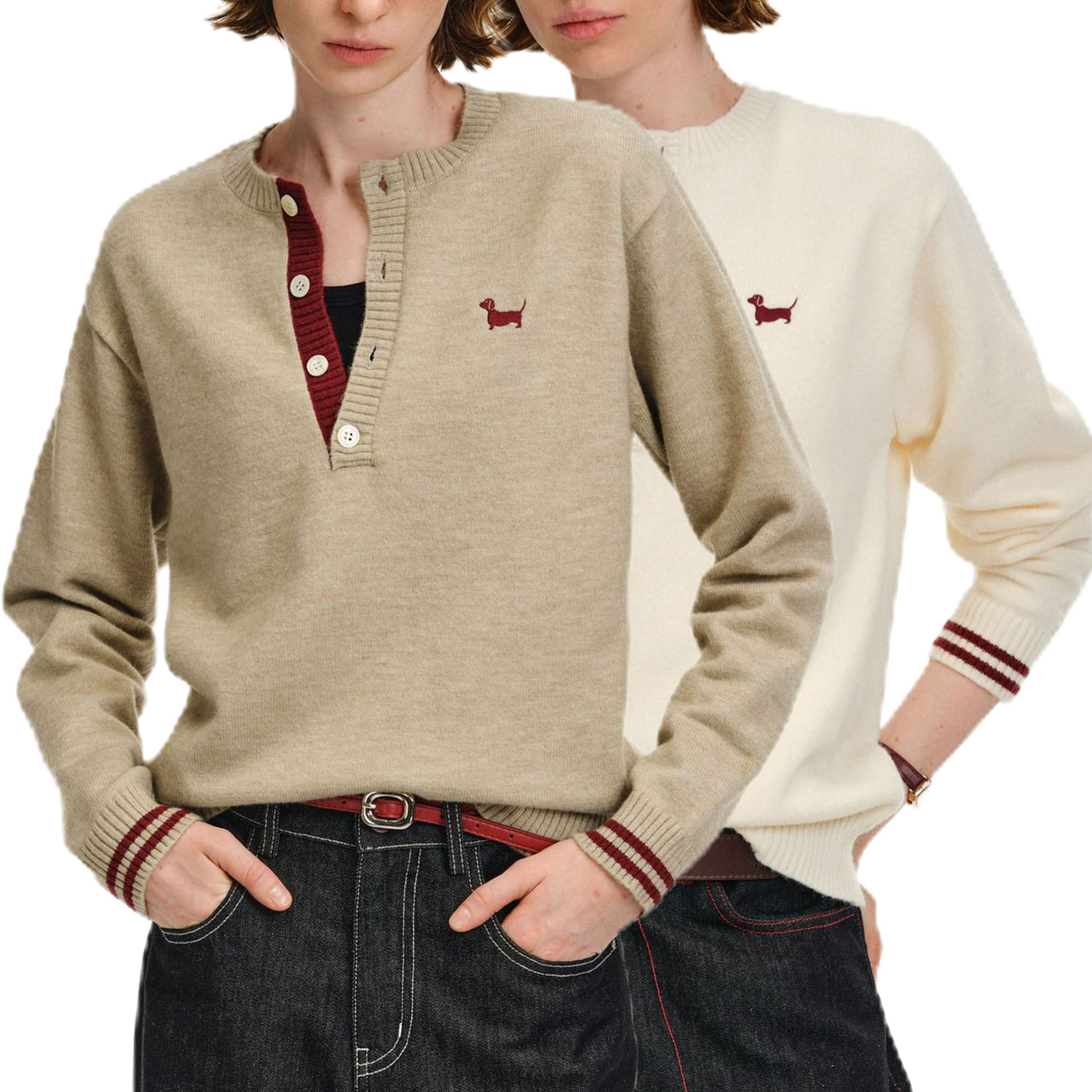 Explosiones transfronterizas de tamaño grande europeo falso dos piezas de jersey de cuello Henry suéter bordado cachorro viejo fábrica de viento de dinero al por mayor