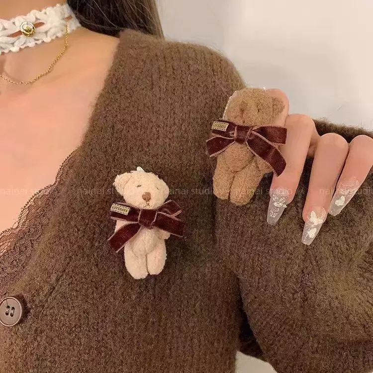小熊胸针~自制毛绒卡通公仔玩偶丝绒蝴蝶结别针外套包包配饰胸花