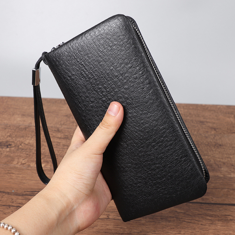 2024 New Men's Wallet Double Zipper Handbag Ostrich Pattern Men's Long Wallet Multi-Card Clutch Bag Genuine Leather