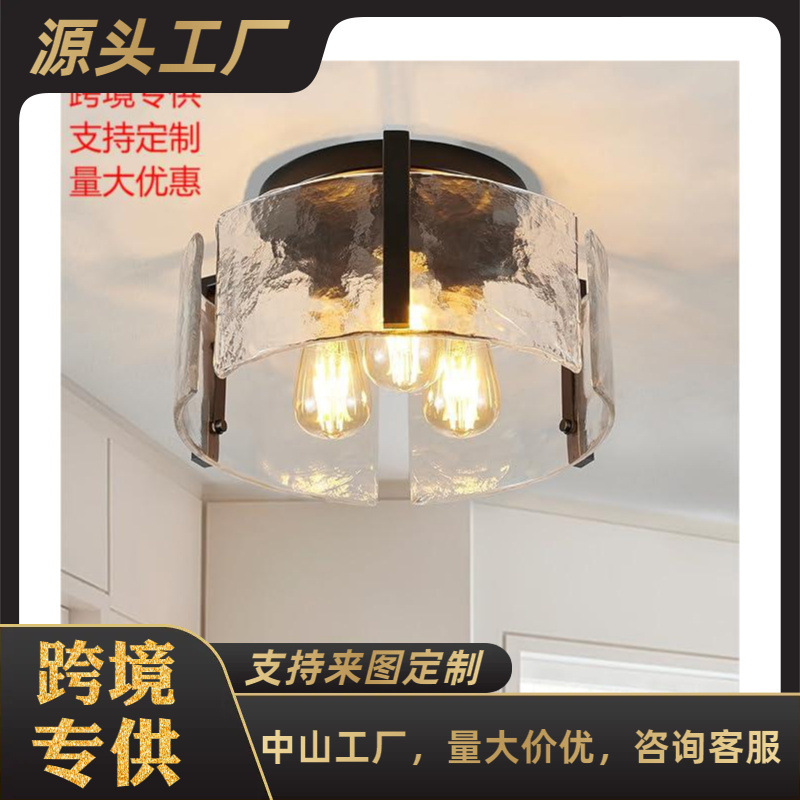 Modern Minimalist Black Bedroom Lamp with Water Ripple Glass Ceiling, Suitable for Bathroom, Hallway, Dining Room, and Entryway, American-Style Ceiling Light