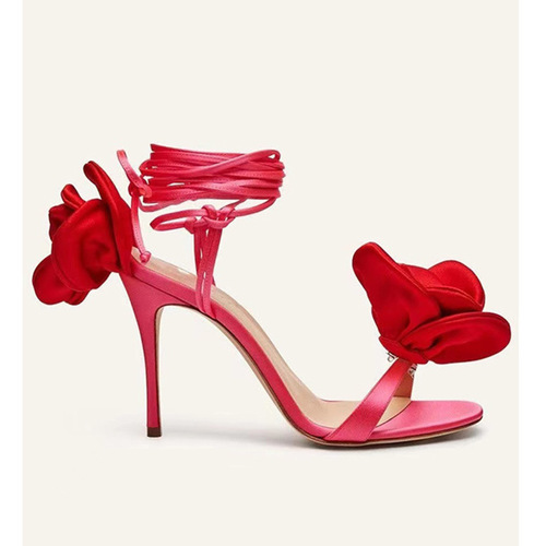 2024 foreign trade new style round toe stiletto heel super high heel satin rose flower heel strap large size one-strap sandals for women