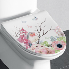 Travel Kang MT34008 Pink Bird and Flower Toilet Seat Cover Waterproof Decal Spring Decor Bird Cartoon Wall Sticker