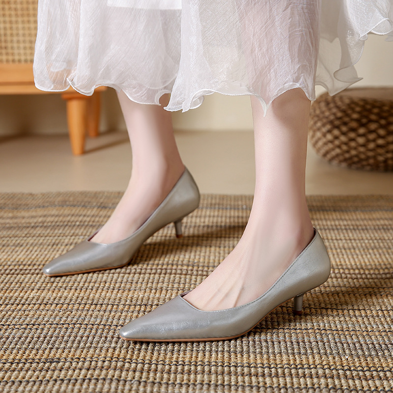 2026 Spring and Autumn New Style Pointed Toe Shallow Mouth Pumps Silver Versatile Women's High Heels with Thin Heels and a High-End Feel in Black for Cross-Border Trade