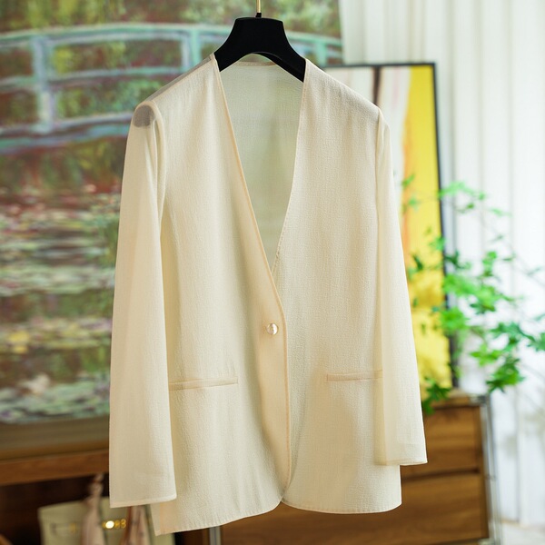 Customer-Supplied Textured Acetate Collarless Blazer Lightweight Jacket for Women 0327