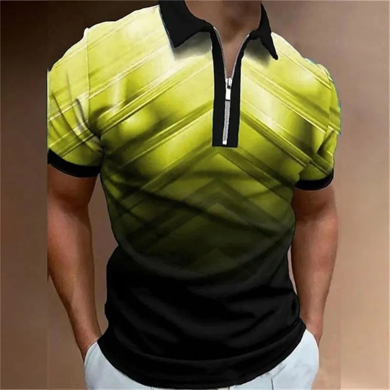 2024 venta caliente personalidad moda impresión 3D hombres verano calle suelta solapa manga corta cremallera camisa POLO