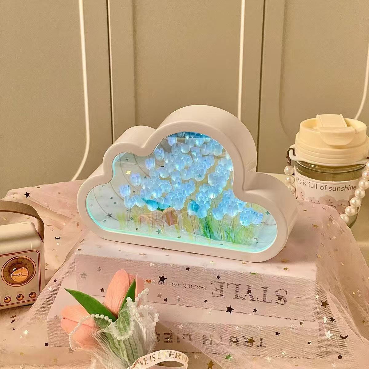 Handmade diy cloud and flower night light [blue 20 flowers]