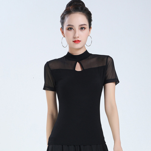 Women girls black short sleeves latin ballroom dancing tops modern dance shirts for lady Latin dance form suit jacket uniforms female adult net yarn