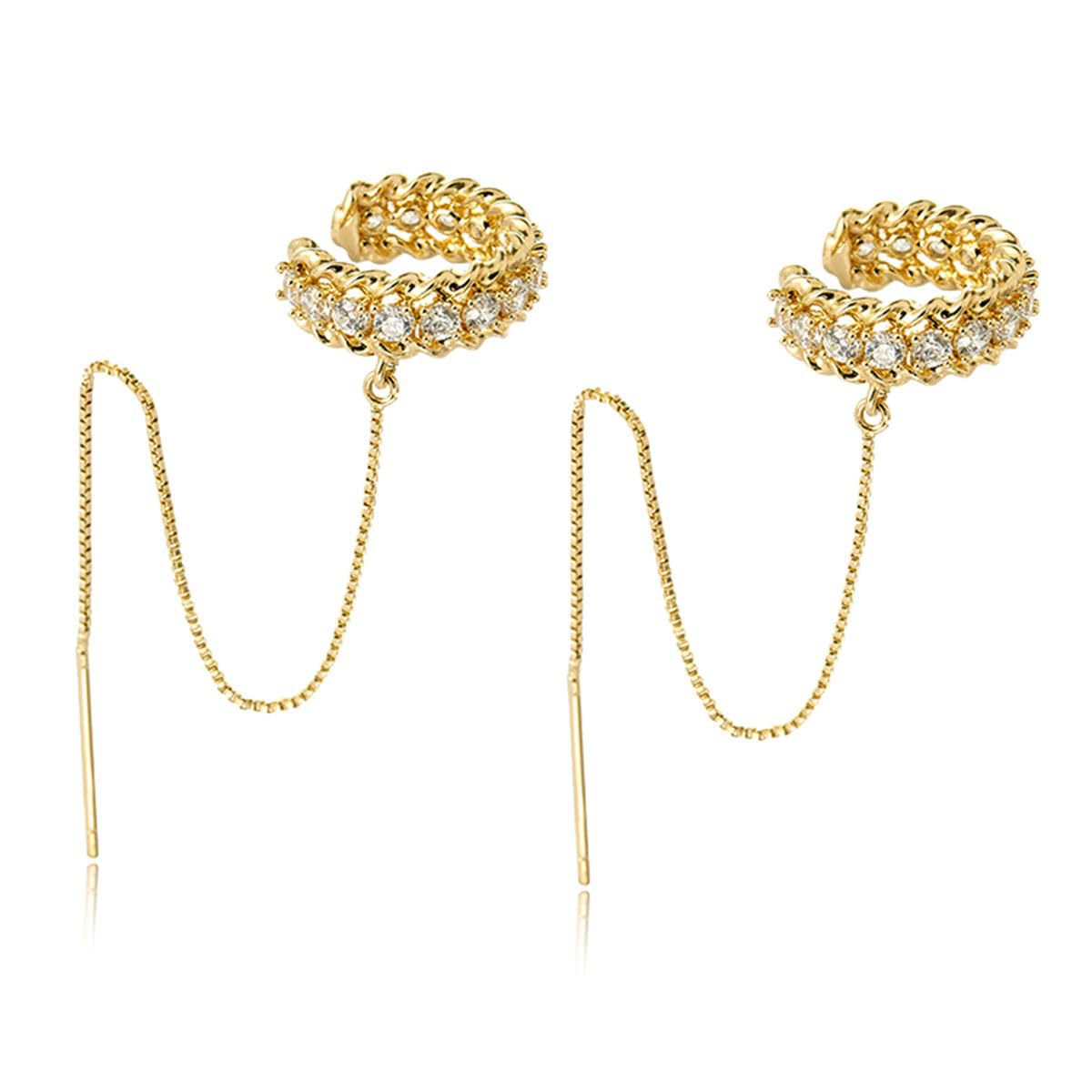 14K Gold Plated Plating Material Zircon Inlay Material 1 Pair Elegant Solid Color Plating Inlay Copper Zircon 14K Gold Plated Ear Line