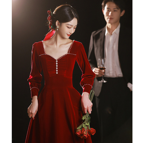 toast winter dresses Wine velvet Evening bride long sleeve wine red engagement dress Cocktail Banquet host 40% Polyester 44S Two Piece Beach Dress size:UK 8