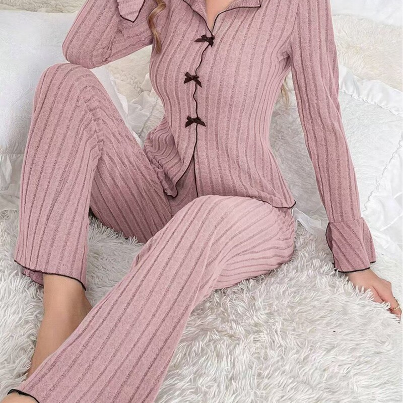 Cross-Border European and American Spring and Autumn Women's Pajamas, Fleece Lapel with Bow, Fashionable and Sexy Long-Sleeve Long-Pants Loungewear Set for Women