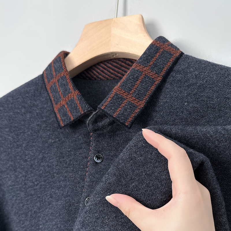 New Classy Cotton Wool Knitwear Pure Color Thickeneded Warm Winter Lapel Trendyy Knitwear Men's Long-Sleeved Top