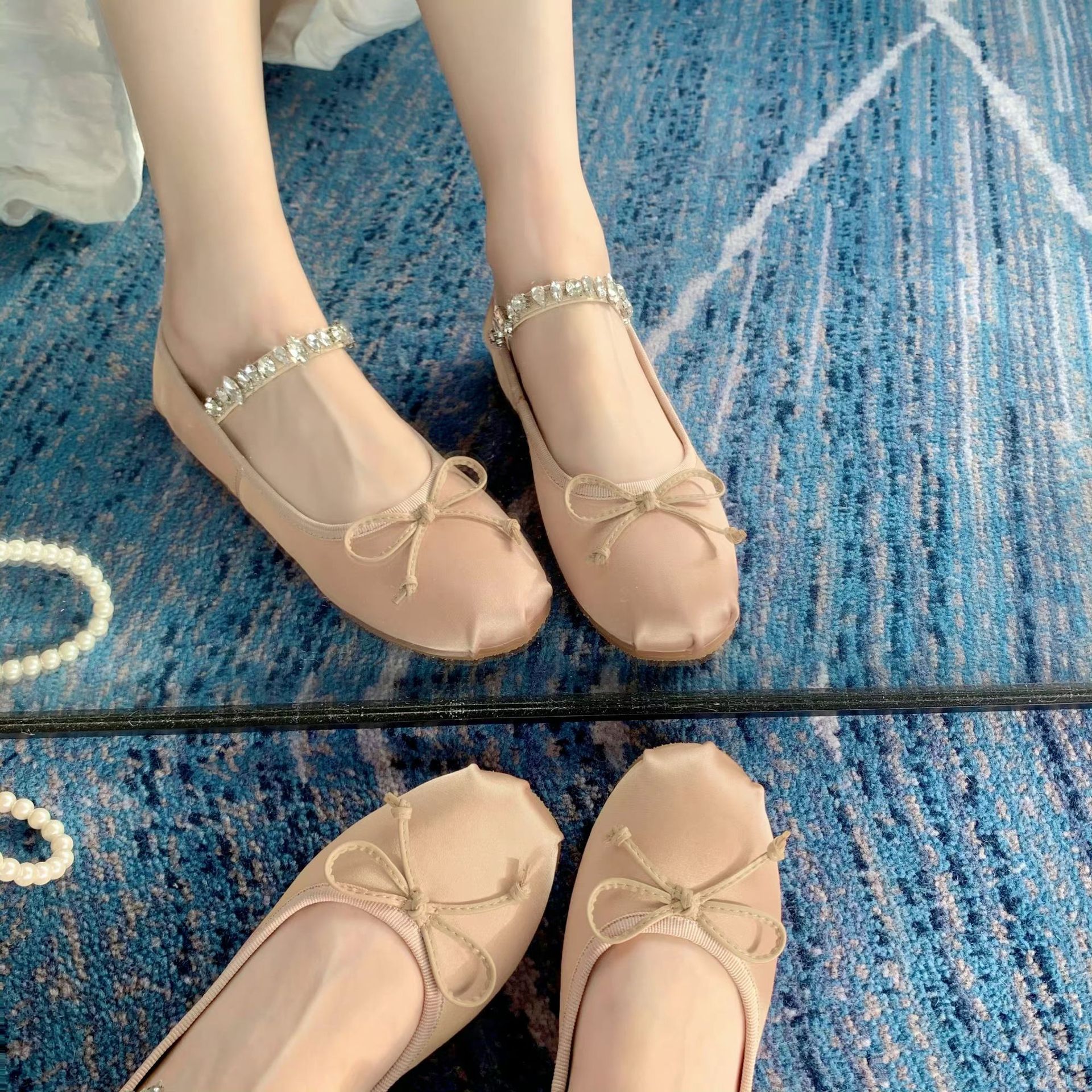 Versión de piel de oveja ~ Grava Madre con el mismo tipo de diamante con arco francés cabeza redonda zapatos de ballet de fondo plano zapatos de mujer mary-zhen