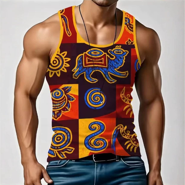 Men's African Ethnic 3D Printed Vest Retro Camel Totem Pattern Sleeveless Shirt Casual Fitness Beach Summer