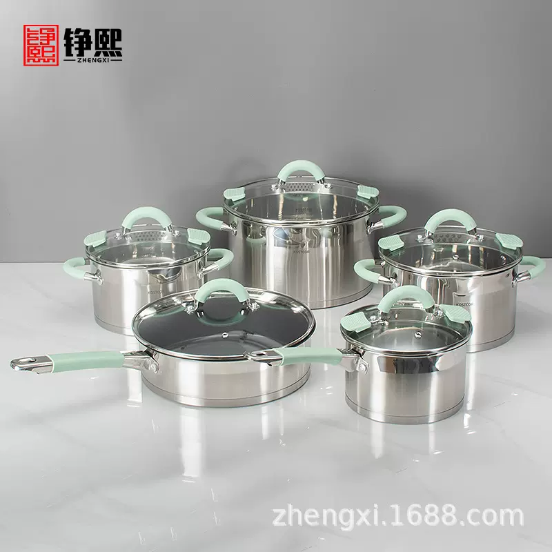 厂家直销不锈钢套装锅具硅胶手把多层复底外贸直角汤锅具套装POTS