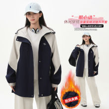初中青少年女童夹棉冲锋衣外套中大童大码宽松连帽防风风衣学生装