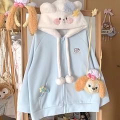 日本式のかわいい柔らかい妹の秋冬のベルベットの甘いコートの女性のゆったりした百合の帽子の学院の風のぬいぐるみのファスナーの上着
