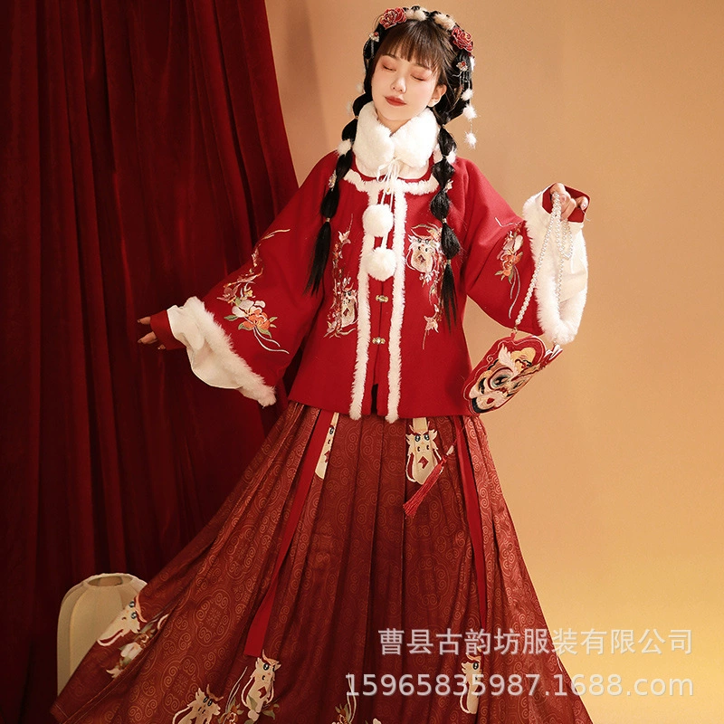 Tiger Ruyi Оригинальные товары Ming-mand Hanfu Новогодняя осенне-зимняя хлопковая Новогодняя одежда плиссированная юбка короткая куртка Комплект из трех предметов на каждый день