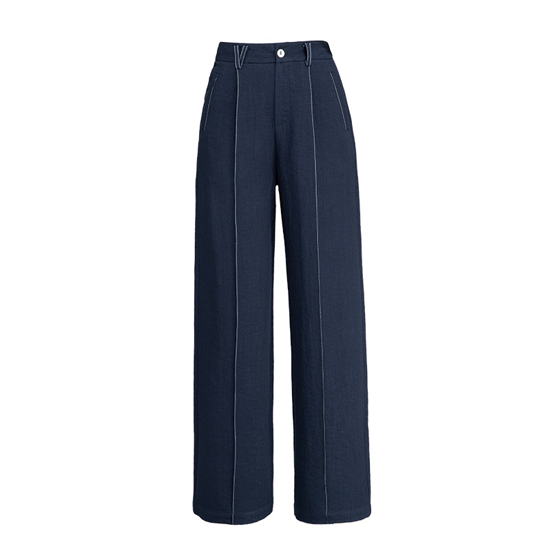 Quần ống rộng vải lanh phối sợi Tencel mùa hè, thiết kế đường chỉ nổi, dáng suông rũ nhẹ — Màu xanh lam đậm