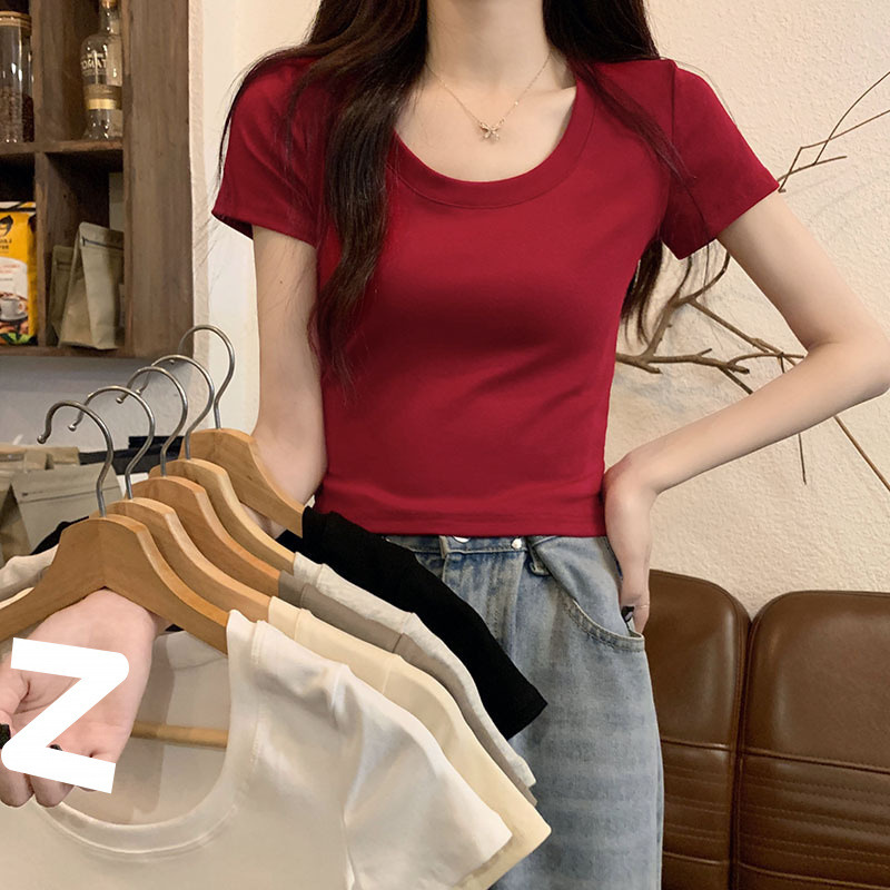 Live quality 2025 spring and autumn wine red U-neck slim slim shoulder T-shirt women