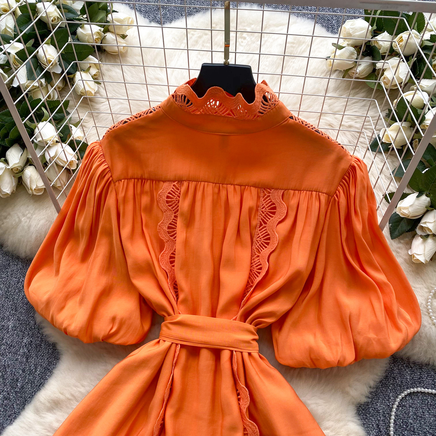 Women's Clothing Retro Palace Fashionable Lace Splicing Tie Waist Dress Lantern Sleeve Slim Temperament A Line Skirt_ecoleips.com