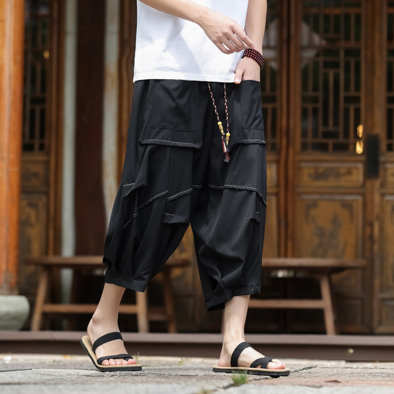 亚麻七分裤男士大码阔腿灯笼裤夏季中国风刺绣短裤复古提花哈伦裤