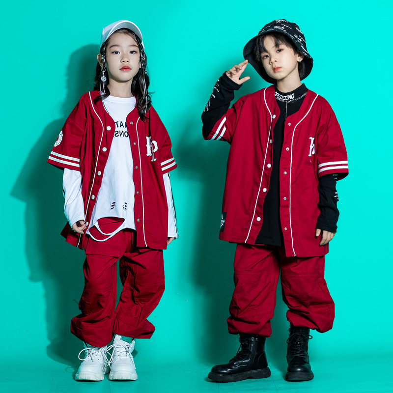 Ropa de moda para niños de hip-hop, ropa de béisbol roja, ropa de actuación de hip-hop para niños y niñas