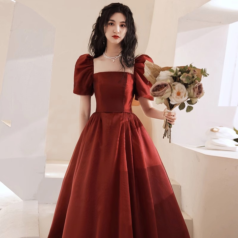 Toast Dress Bride Burgundy Retro Square Collar Wedding Dress Fugitive Princess Engagement Dress Can Be Worn by Small Pregnant Women