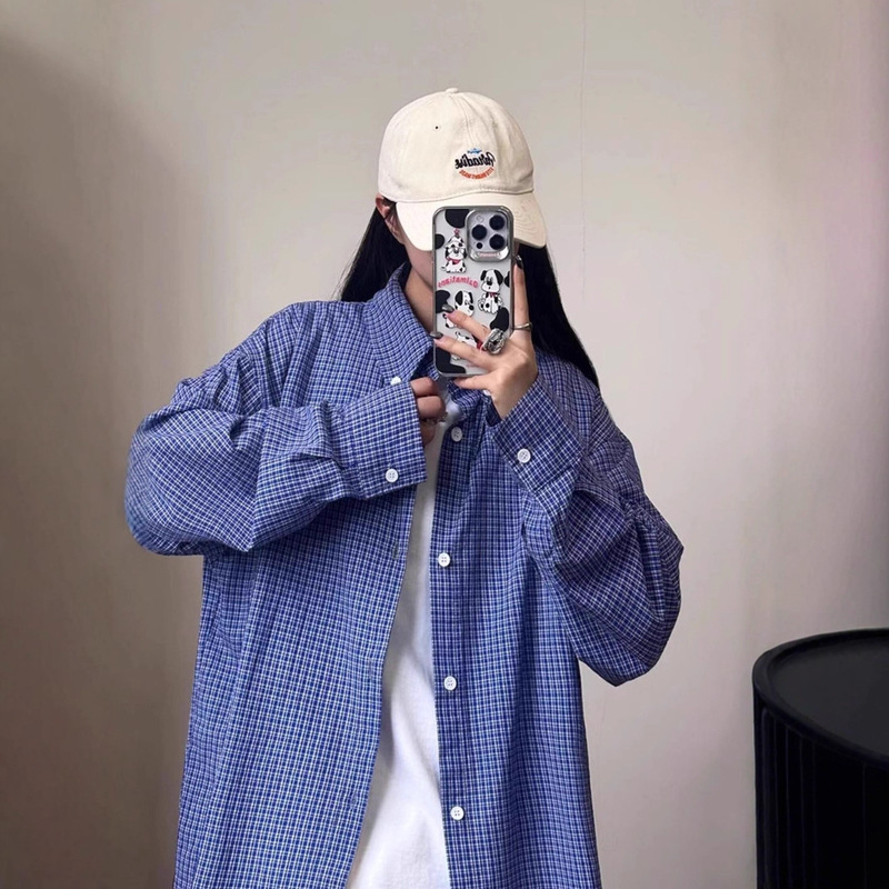 【Factory Direct Sales - Customizable】Blue Plaid Shirt Jacket for Women, College Style, Loose Fit, Layered Base Jacket