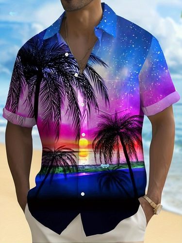 Men's Coconut Tree Sunset Landscape Hawaiian Button Up Cross-border