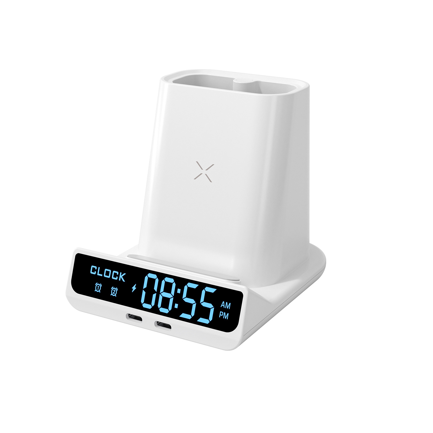 Cargador inalámbrico digital para teléfono móvil de 15W, cargador inalámbrico multifunción, pantalla digital, reloj despertador, portalápices, luz nocturna LED anti-luz azul
