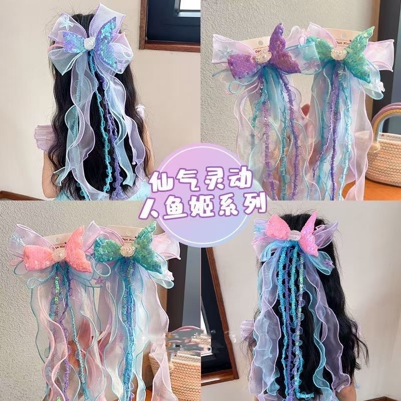 子供用マーメイドプリンセスヘアピン、スーパーフェアリーリトルプリンセス、夏用編み込みリボンヘアピン、女の子用ヘアアクセサリー|undefined