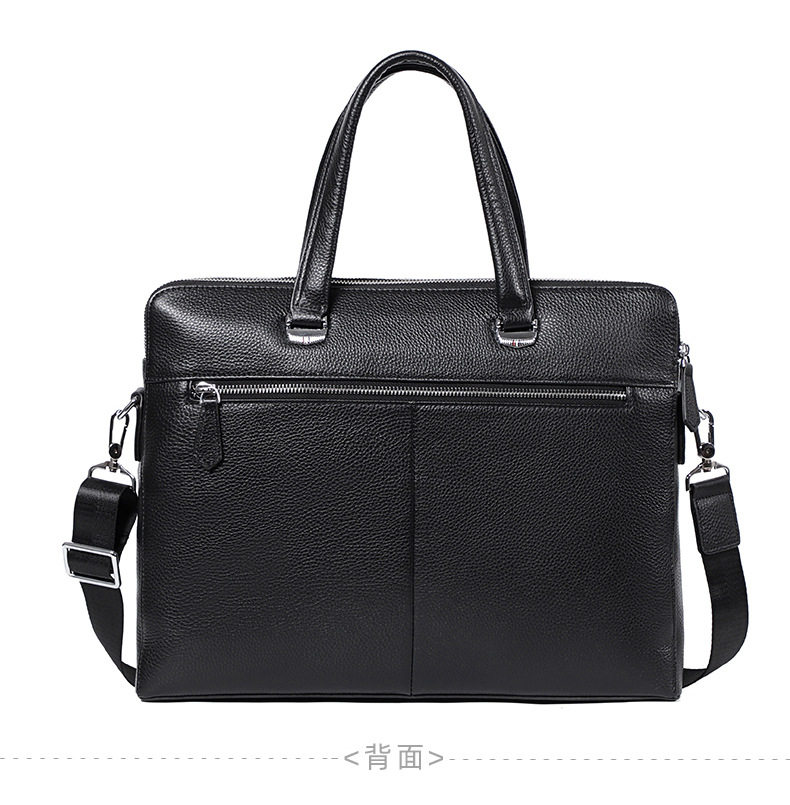 Cặp công sở mỏng da bò thật hai dây kéo, túi xách tay đeo chéo vai cho nam, đựng laptop 14 inch, 38,5×6×28 cm — Màu đen chi tiết 14