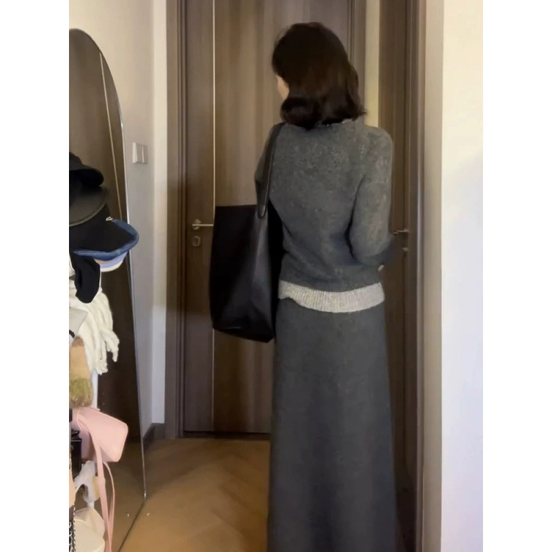 Suéter de punto gris suave viento conjunto de vestidos de niños principios de otoño 2025 nuevo conjunto completo de vestidos de otoño image 4