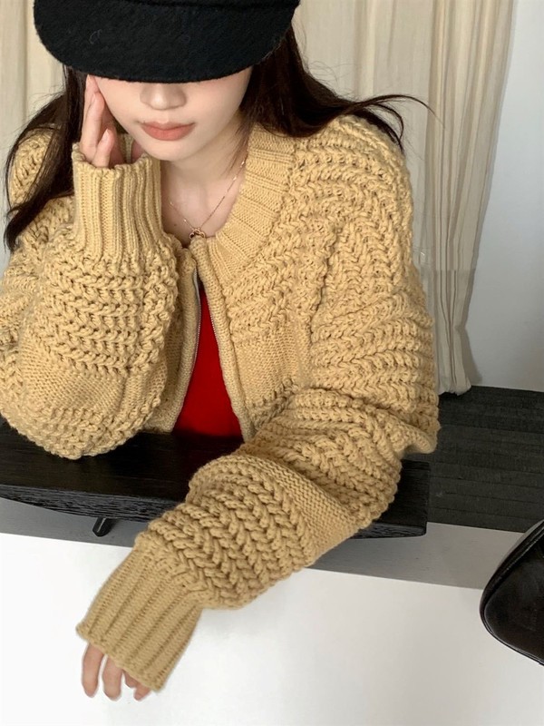 复古重工菠萝针粗针织毛衣外套女秋冬季宽松加厚保暖拉链针织开衫|undefined