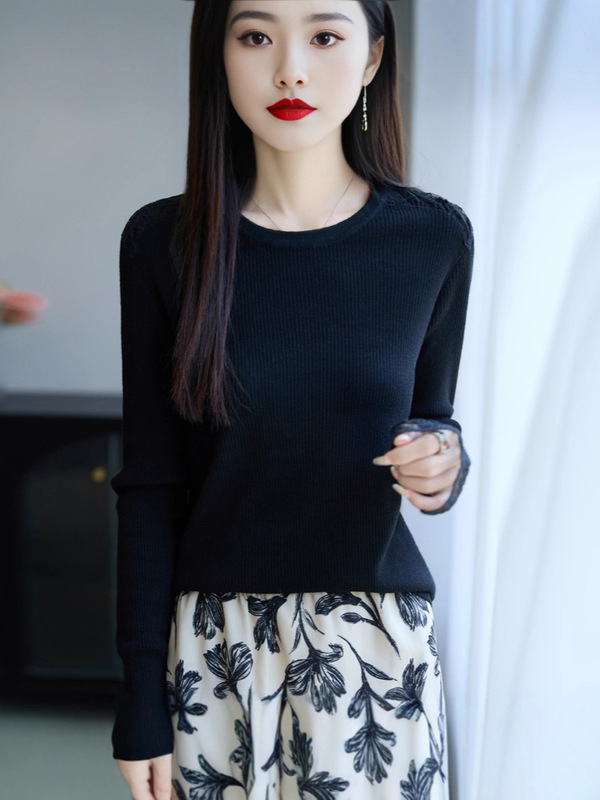 法式蕾丝钩花miu系针织衫女圆领修身毛衣25新款内搭女装打底上衣|undefined