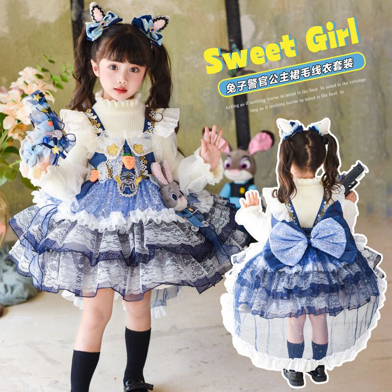 Girls' Princess Dress, New Four-Season Lolita Style Children's Birthday Dress, Cartoon Rabbit Police Officer Tulle Dress