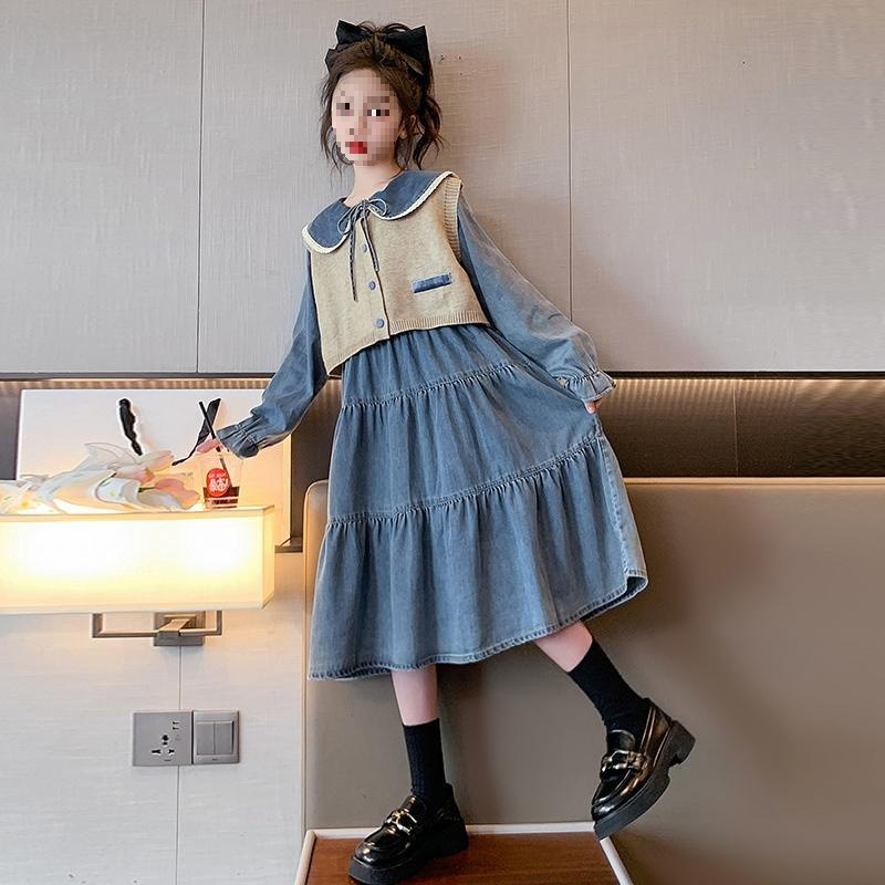 女の子ドレス、春秋新作、中型、大型子供用セーターベスト、女の子おしゃれデニムドレス、ツーピースセット、トレンド|undefined