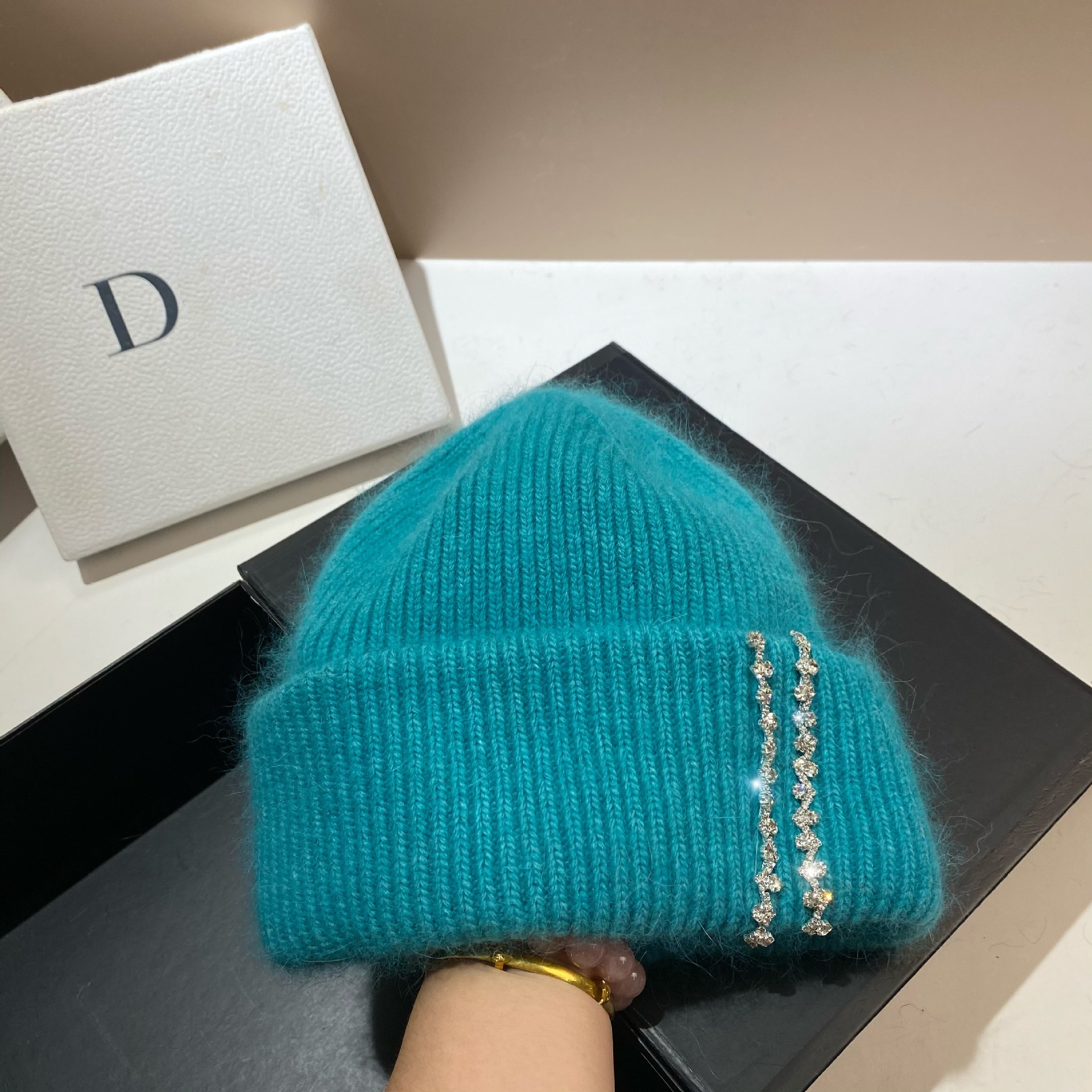 Winter-Thermomütze für den Außenbereich, langes Kaninchenhaar, doppelt gefaltete Strickmütze, Mode-Promi-Feng-Shui-Diamant-Wollmütze_voghion.com