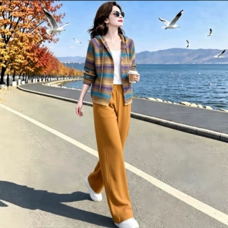 中年妈妈穿搭一整套秋季显瘦毛衣外套宽松洋气上衣搭松紧腰休闲裤